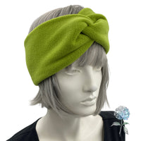 Chartreuse green Fleece turban twist headband modeled on a mannequin 