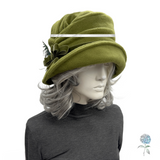 Chartreuse Fleece Alice Cloche with Velvet Bow & Peacock Feather Accent