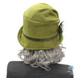 Chartreuse Fleece Alice Cloche with Velvet Bow & Peacock Feather Accent