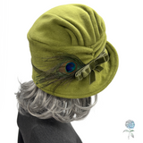 Chartreuse Fleece Alice Cloche with Velvet Bow & Peacock Feather Accent
