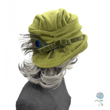 Chartreuse Fleece Alice Cloche with Velvet Bow & Peacock Feather Accent