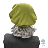Chartreuse Green Fleece Beret, Satin Lined Winter Hat:  Size Large | Ready to Ship