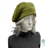 Chartreuse Green Fleece Beret, Satin Lined Winter Hat:  Size Large | Ready to Ship