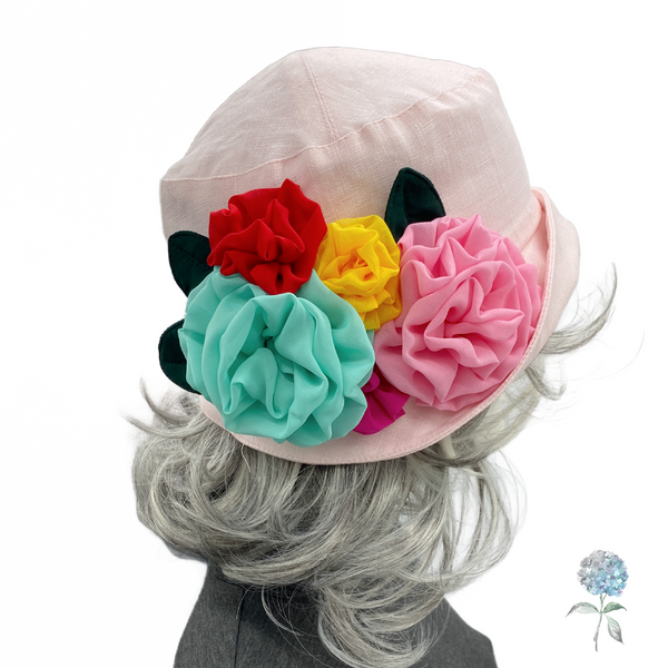 Custom Hat for Cherie | 1920s Flapper Style Cloche, Handmade in Pink Linen with Floral Accents | The Amelia