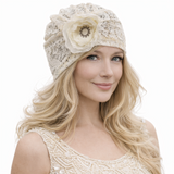 Woman wearing a lace headband with a flower on a white background