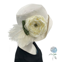 Linen Cloche Hat with Large Peony Flower and Feathers | The Eleanor