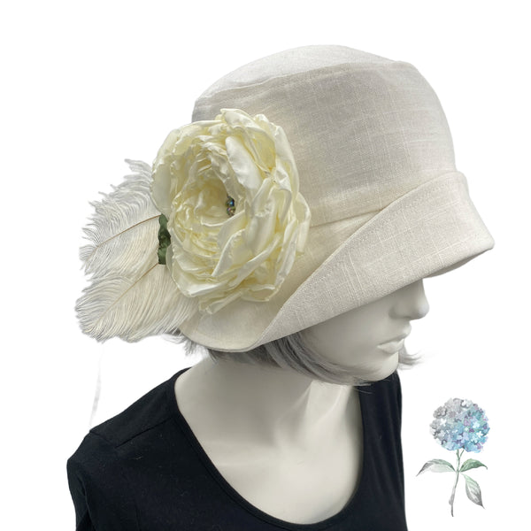 Linen Cloche Hat with Large Peony Flower and Feathers | The Eleanor