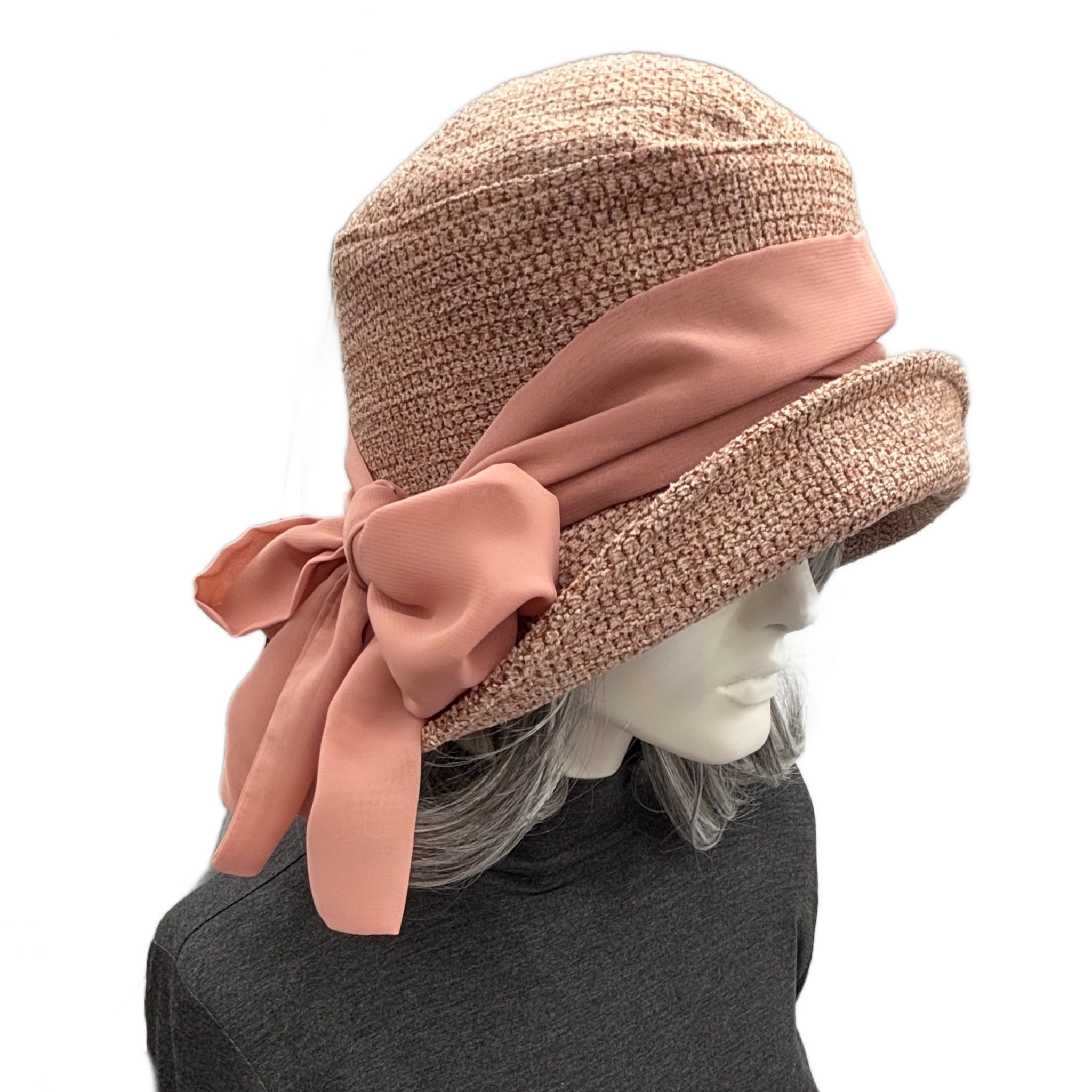 Elegant Pink Cloche Hat with Bow Accent Great Gatsby cloche hat made of off-white cotton and pink  main image 2