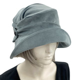 1920s style dusky blue cloche hat for women top front view shown modeled on a mannequin 