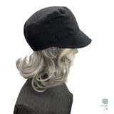 Black linen cadet cap side view modeled on a mannequin