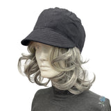 Black linen cadet cap side view modeled on a mannequin