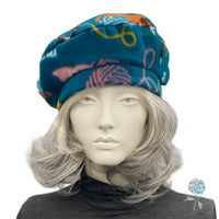 Cat Print Beret in Teal Fleece Made to Order