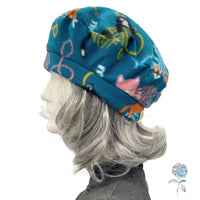 Cat Print Beret in Teal Fleece Made to Order