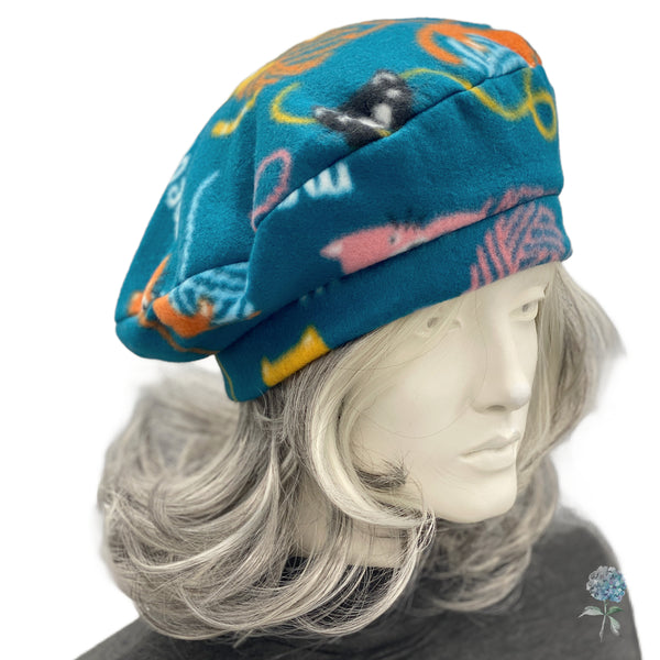 Cat Print Beret in Teal Fleece Size Small/Medium | Ready to Ship