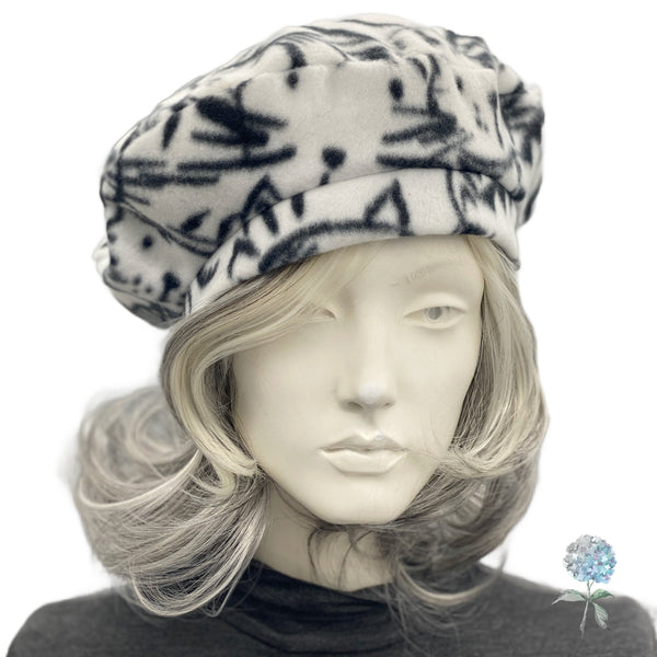 Cat Print Beret in Black and White Fleece Size Small/Medium | Ready to Ship