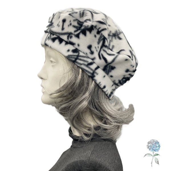 Cat Print Beret in Black and White Fleece Made to Order
