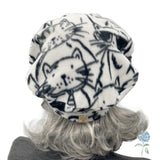 Cat Print Beret in Black and White Fleece Size Small/Medium | Ready to Ship
