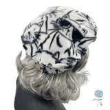 Cat Print Beret in Black and White Fleece Size Small/Medium | Ready to Ship