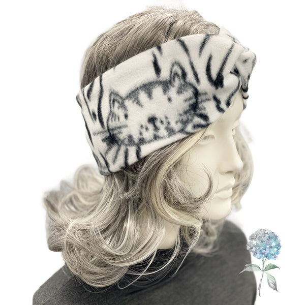 Cat Print Black and White Fleece Turban Twist Fleece Headband