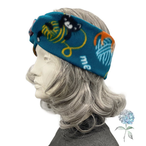 Cat Print Teal Fleece Turban Twist Fleece Headband Size Large | Ready to Ship