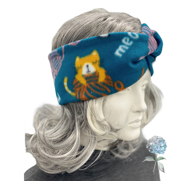 Cat Print Teal Fleece Turban Twist Fleece Headband Size Small/Medium | Ready to Ship