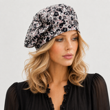 Lightweight Beret : Handmade in Black and Gray Floral Print Jersey