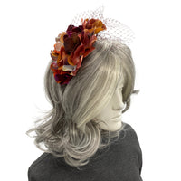 Autumn Hydrangea Fascinator with Mulberry Net – Handmade Floral Headpiece in Wine, Cinnamon & Gold | Wedding, Races & Fall Events