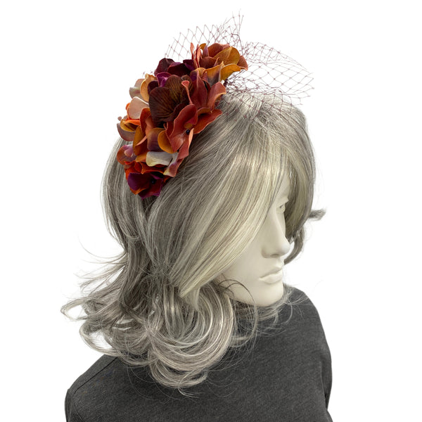 Autumn Hydrangea Fascinator with Mulberry Net – Handmade Floral Headpiece in Wine, Cinnamon & Gold | Wedding, Races & Fall Events