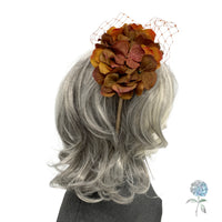 Handmade Autumn Hydrangea Fascinator with Cinnamon Net – Floral Headpiece for Weddings, Races & Fall Events