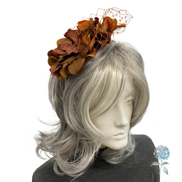 Handmade Autumn Hydrangea Fascinator with Cinnamon Net – Floral Headpiece for Weddings, Races & Fall Events