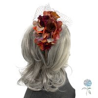 Autumn Hydrangea Fascinator with Mulberry Net – Handmade Floral Headpiece in Wine, Cinnamon & Gold | Wedding, Races & Fall Events