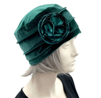 Velvet Cloche Hat and Chemo Headwear in Eggplant with Satin Flower Embellishment