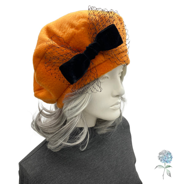 Orange Fleece Beret with Black Velvet Ribbon and Net Bow | Size Medium Ready to Ship