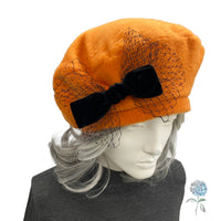 Orange Fleece Beret with Black Velvet Ribbon and Net Bow | Size Medium Ready to Ship