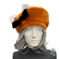 Orange Fleece Beret with Black Velvet Ribbon and Net Bow | Size Medium Ready to Ship