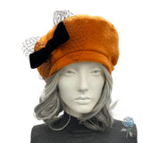 Orange Fleece Beret with Black Velvet Ribbon and Net Bow | Size Medium Ready to Ship
