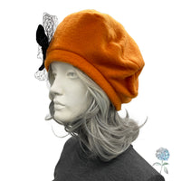Orange Fleece Beret with Black Velvet Ribbon and Net Bow | Size Medium Ready to Ship