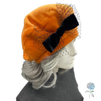 Orange Fleece Beret with Black Velvet Ribbon and Net Bow | Size Medium Ready to Ship