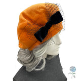 Orange Fleece Beret with Black Velvet Ribbon and Net Bow | Size Medium Ready to Ship