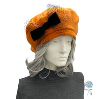 Orange Fleece Beret with Black Velvet Ribbon and Net Bow | Size Medium Ready to Ship