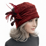 Burgundy Velvet Cloche Hat with Feathers | The Alice