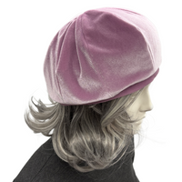 Handmade pale mauve velvet beret in a classic eight-panel design displayed on a mannequin with gray hair, stylish and vintage-inspired. SIDE VIEW
