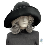 Handmade Black Fleece Hat with Sculpted Wide Brim and Hydrangea Flowers | The Derby