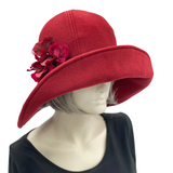 Handmade Black Fleece Hat with Sculpted Wide Brim and Hydrangea Flowers | The Derby