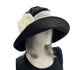 Custom Hat for Zoe | Wide Brim White Linen Derby Hat with Large Peony Flower and Scarf
