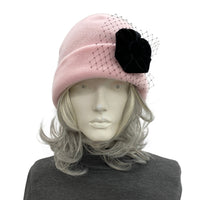 Chic Satin-Lined Pink Fleece Hat with Black Velvet and French Net Accent