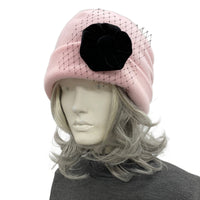 Chic Satin-Lined Pink Fleece Hat with Black Velvet and French Net Accent