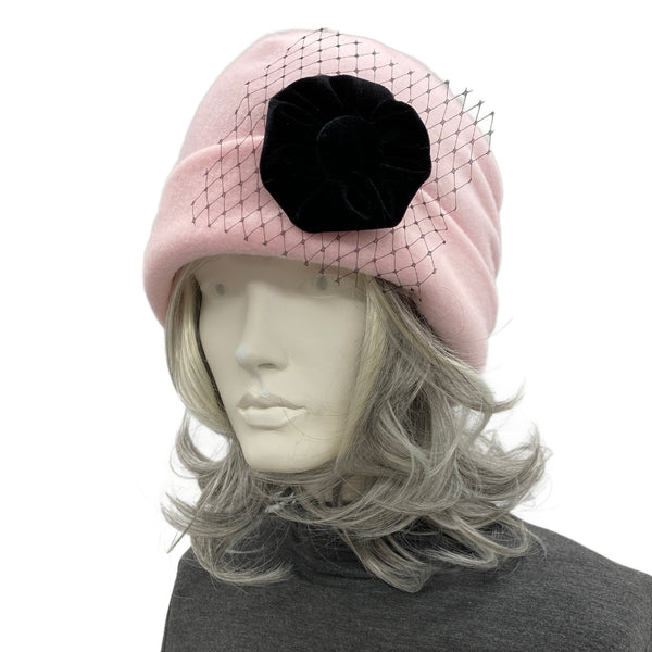 Chic Satin-Lined Pink Fleece Hat with Black Velvet and French Net Accent
