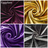 Four fabric swatches labeled 'Eggplant', 'Gold', 'Purple', and 'Gray'.