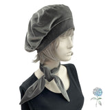 Gray velvet beret shown on a hat mannequin  Boston Millinery Handmade USA